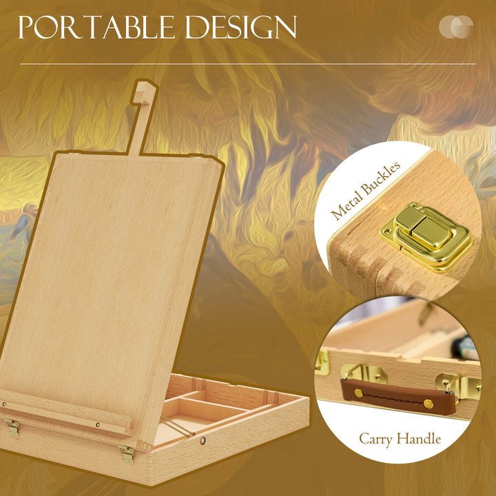 Wooden Table Easel Box Hold Canvas up to 61cm, Adjustable Beechwood Storage Table Box Easel, Portable Folding Artist Drawing & Sketching Board for Adults, Beginners, Artists Painting