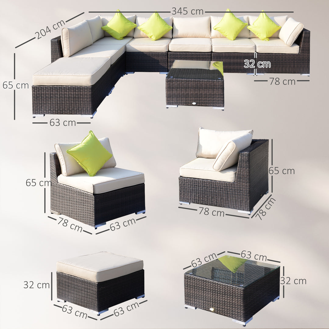 8 Piece Rattan Corner Sofa Set with Wide & Deep Seat, Assembled Aluminium PE Rattan Garden Furniture Set with Thick Cushions and Glass Top Table for Outdoor, Conservatory, Mixed Brown