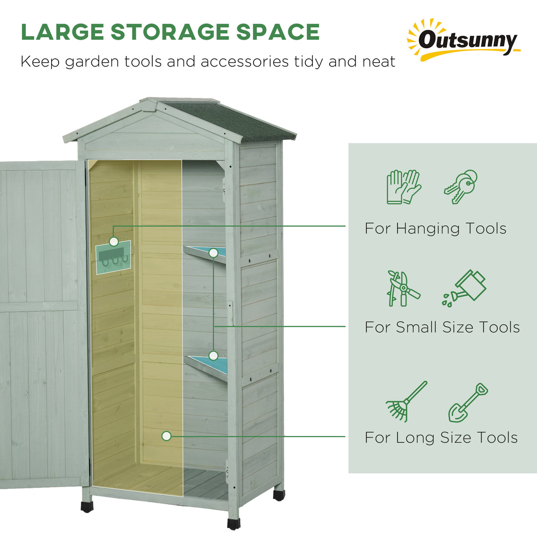 Wooden Garden Shed, Outdoor Storage Cabinet with 2 Shelves and Hooks, Locking Organiser Outdoor Narrow Tool House, 74x55x155cm, Green