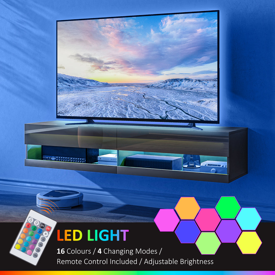 Floating TV Unit, Wall Mounted TV Cabinet for TVs up to 65", High Gloss Media Wall Unit with LED Lights, Storage Shelves for Living Entertainment Room, Black