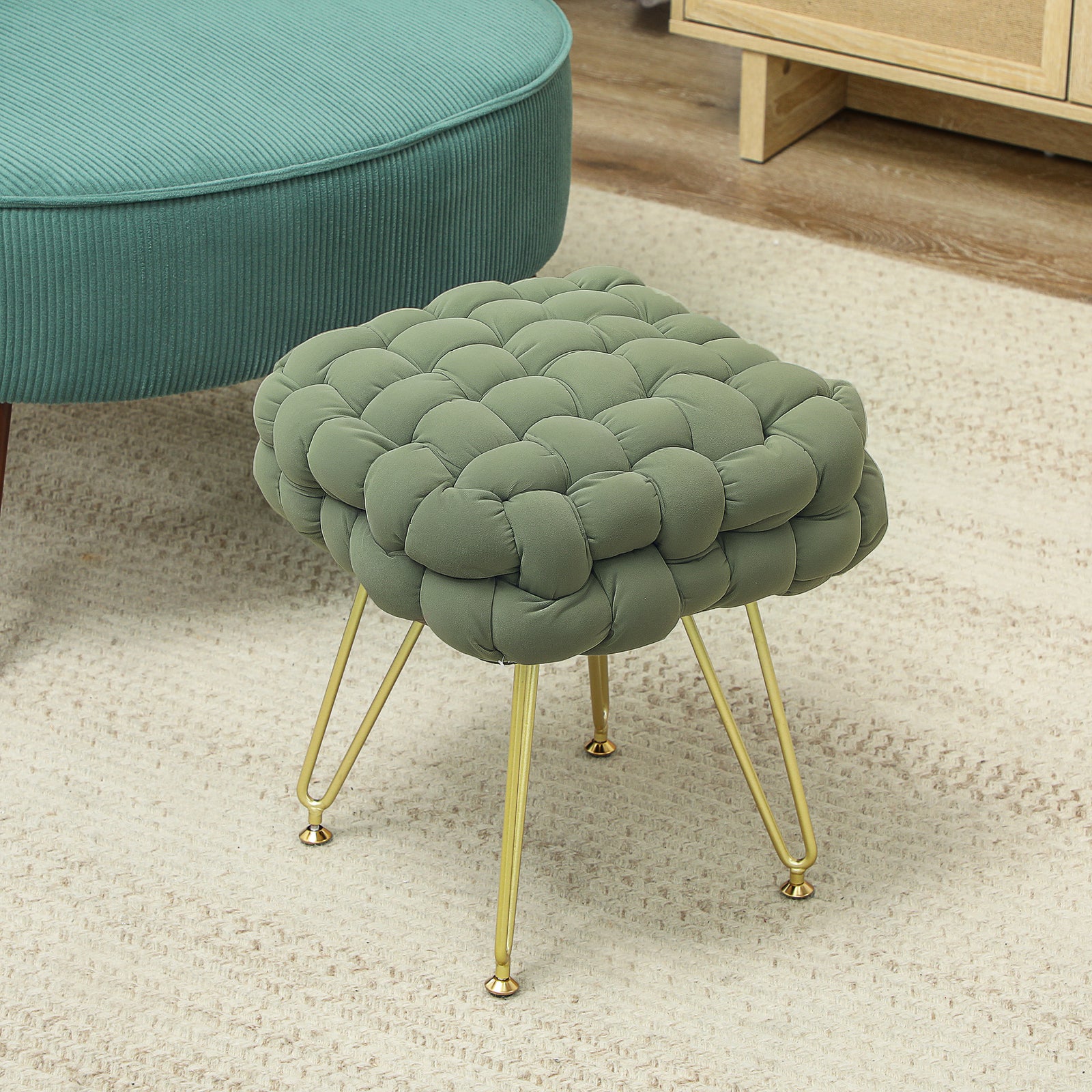 Velvet-Feel Bold Woven Footstool - Green