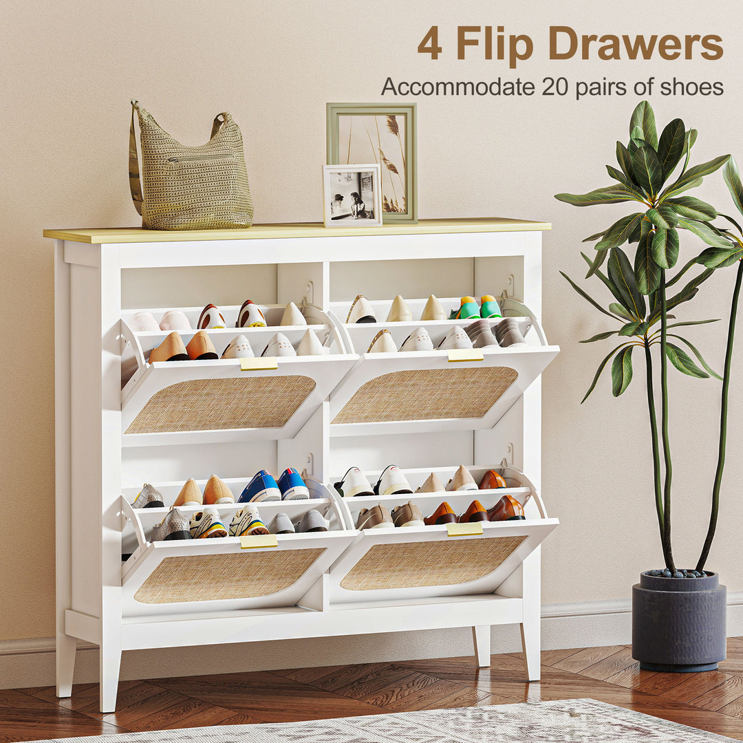 Narrow Shoe Cabinet, Boho Slim Shoe Storage Cabinet with 4 Flip Drawer