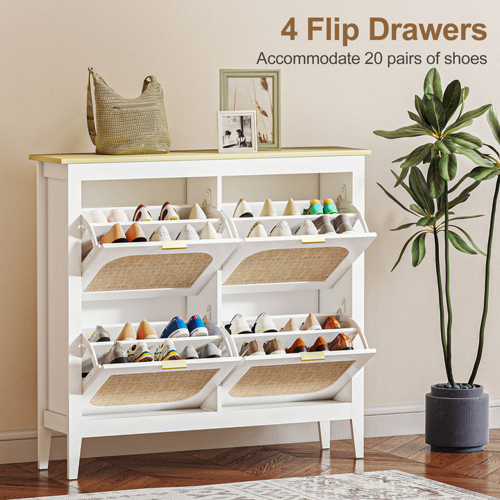 Narrow Shoe Cabinet, Boho Slim Shoe Storage Cabinet with 4 Flip Drawer