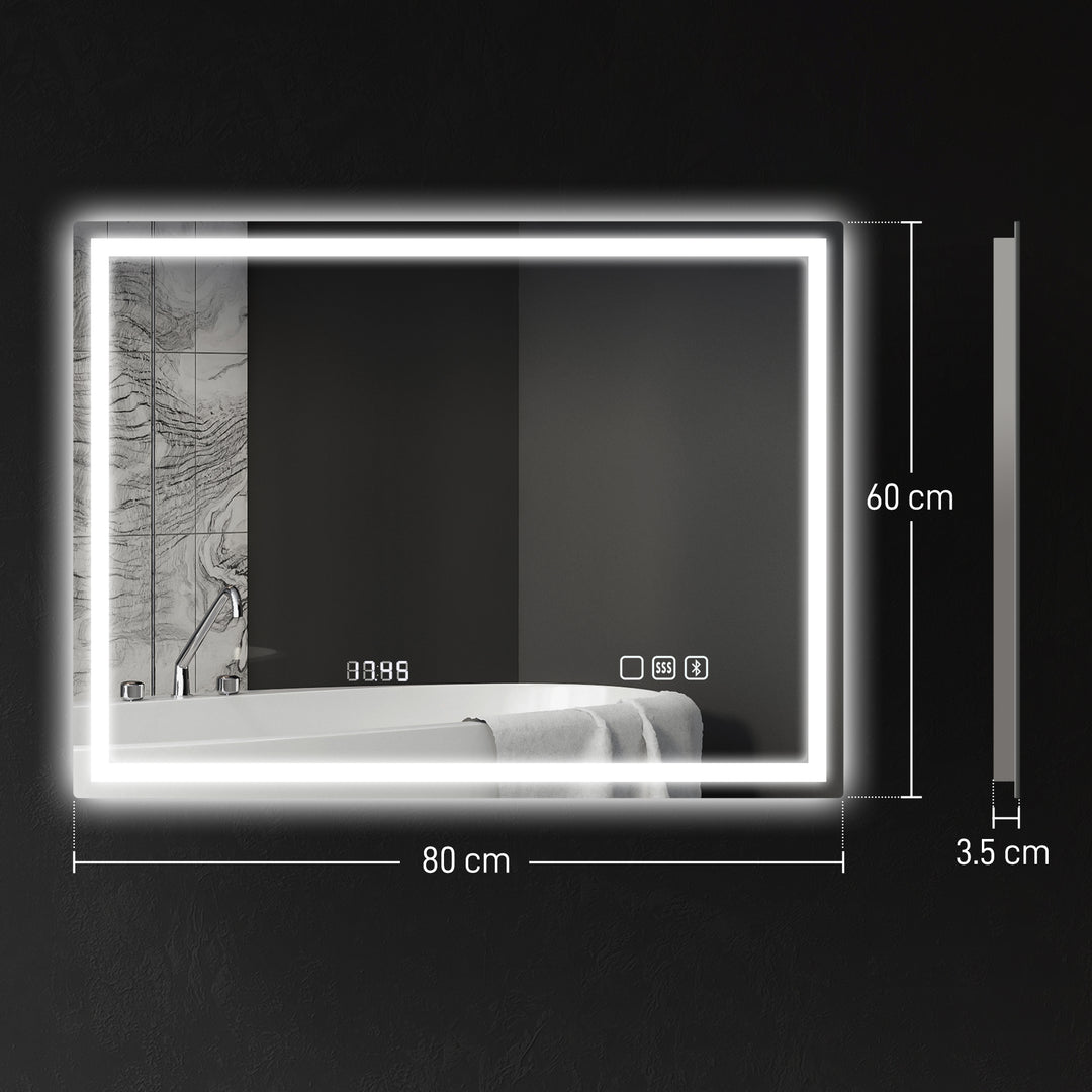 60 x 80 cm Anti-Fog LED Bathroom Mirror, with Bluetooth and Clock - Silver Tone