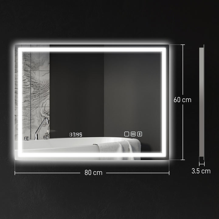 60 x 80 cm Anti-Fog LED Bathroom Mirror, with Bluetooth and Clock - Silver Tone