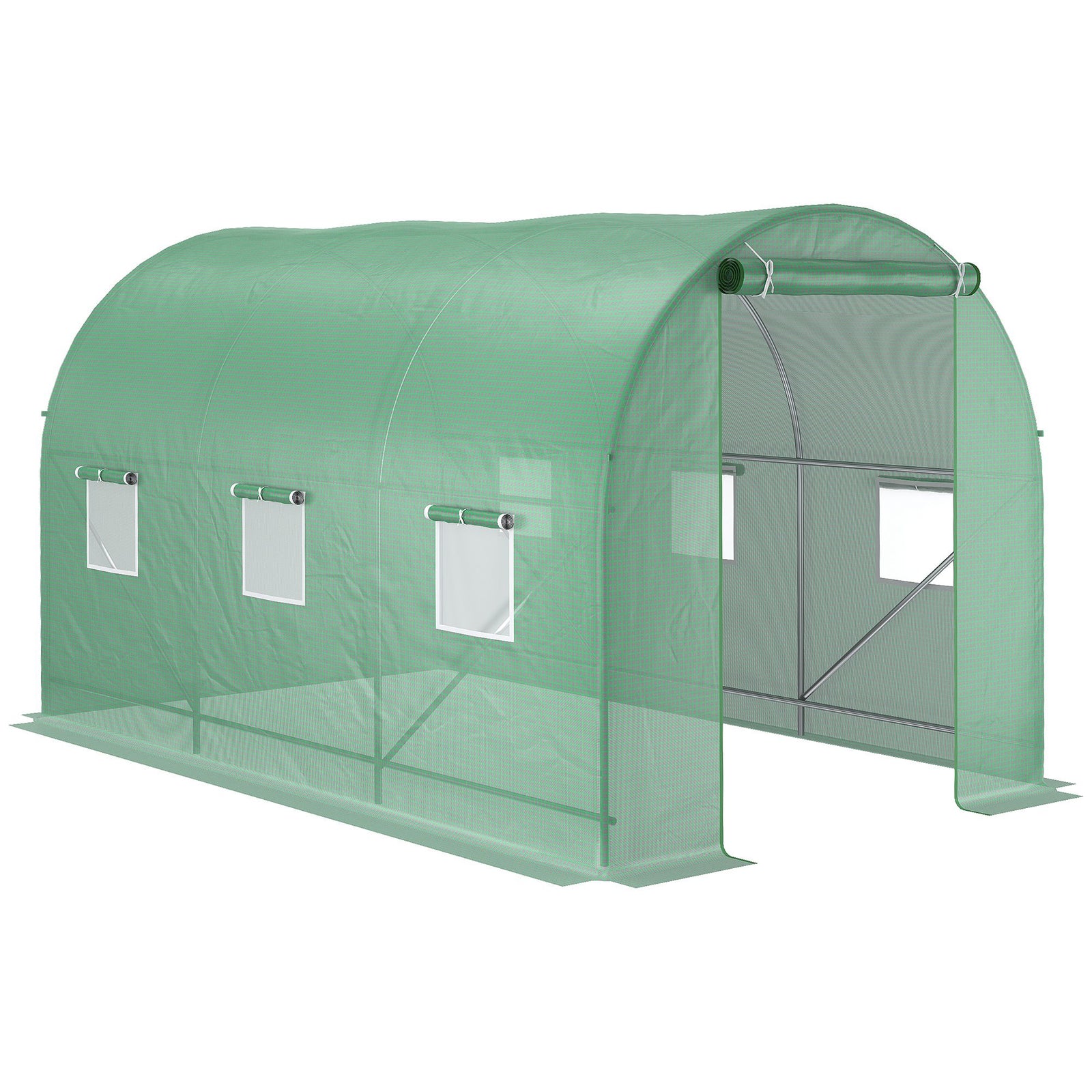 3.5 x 2m Walk-In Polytunnel Greenhouse, with Steel Frame, PE Cover, Roll-Up Door and 6 Windows, Green