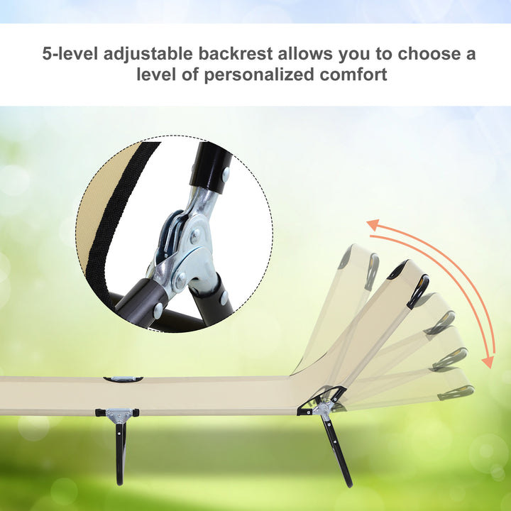 2 Piece Foldable Sun Loungers with 5-Position Adjustable Backrest, Outdoor Portable Recliner Chaise Lounge Chairs with Breathable Mesh Fabric, Beige