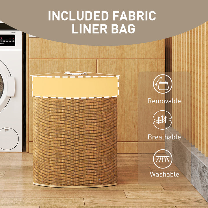 Bamboo Laundry Basket with Lid, 55L Corner Laundry Hamper with Removable Washable Liner Bag, Bathroom Triangle Washing Basket, 35 x 35 x 60 cm, Brown