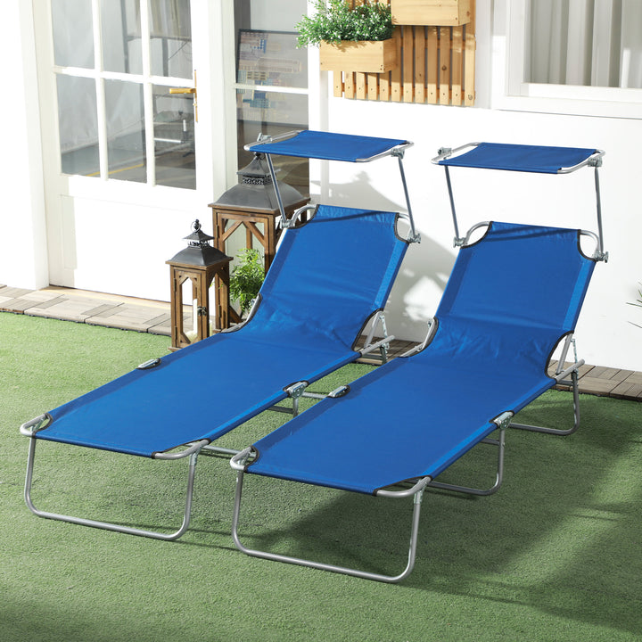 Outsunny Outdoor Foldable Sun Lounger Set of 2, 4 Level Adjustable Backrest Reclining Sun Lounger Chair w/ Angle Adjust Sun Shade for Beach | Aosom UK