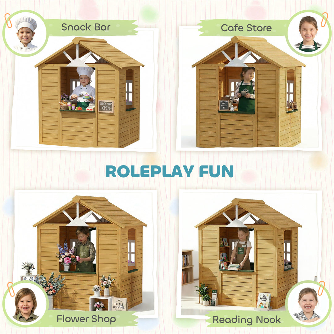 Outdoor Kids Playhouse, Wooden Wendy House with Door, 3 Windows, 2 Flo