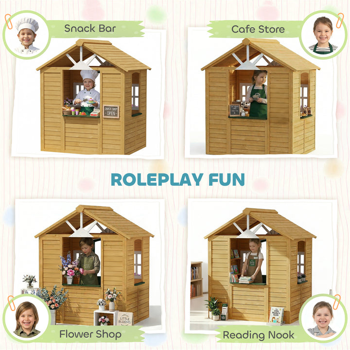 Outdoor Kids Playhouse, Wooden Wendy House with Door, 3 Windows, 2 Flo