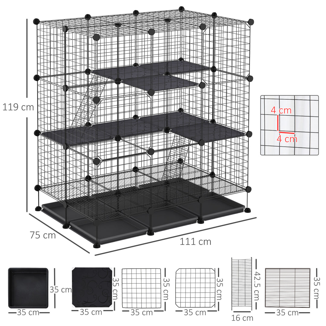 3 Level DIY Pet Playpen Metal Small Animal Cage Rabbit Ferret Chinchillas Cage 4 Doors Bottom Trays Black