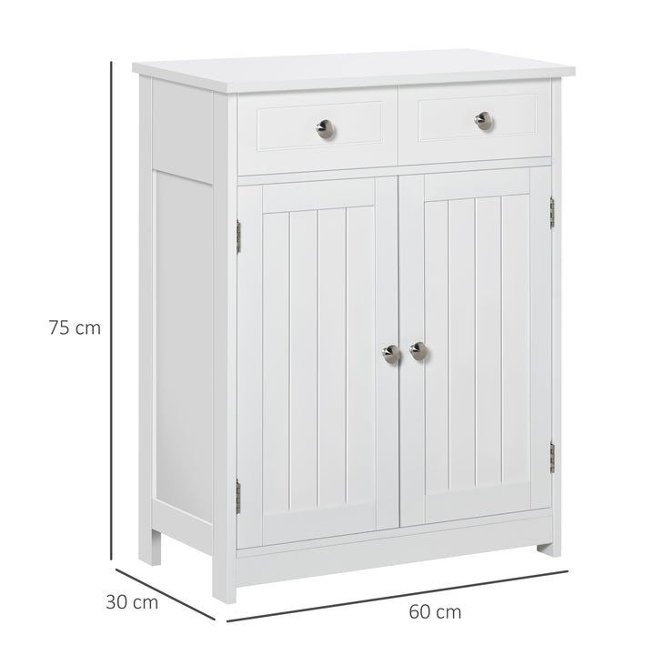 75x60cm Freestanding Bathroom Storage Cabinet Unit w/ 2 Drawers Cupboard Adjustable Shelf Metal Handles Traditional Style White
