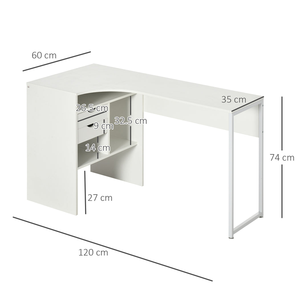 L Shaped Desk, 120cm Computer Desk, Corner Desk with 2 Drawers and 3 Storage Compartments for Home Office, Study Workstation, White