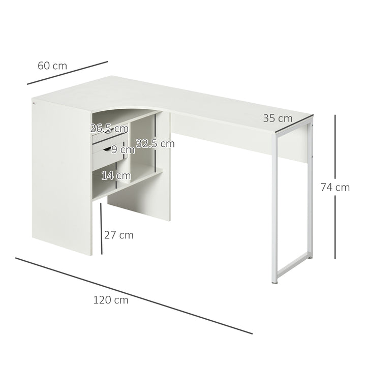 L Shaped Desk, 120cm Computer Desk, Corner Desk with 2 Drawers and 3 Storage Compartments for Home Office, Study Workstation, White