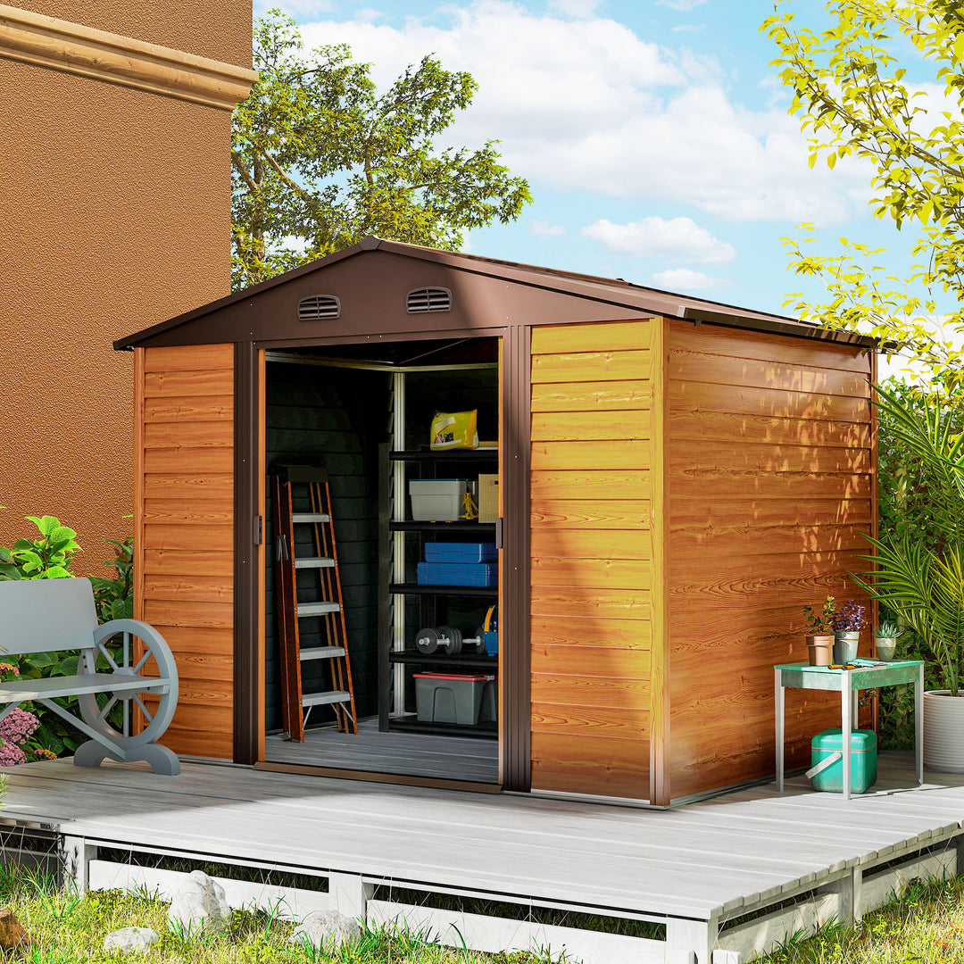 MCL 9 x 6ft Metal Garden Shed, House Hut Gardening Tool Storage with Ventilations, Sliding Door, Sloped Roof for Garden, Patio, Brown