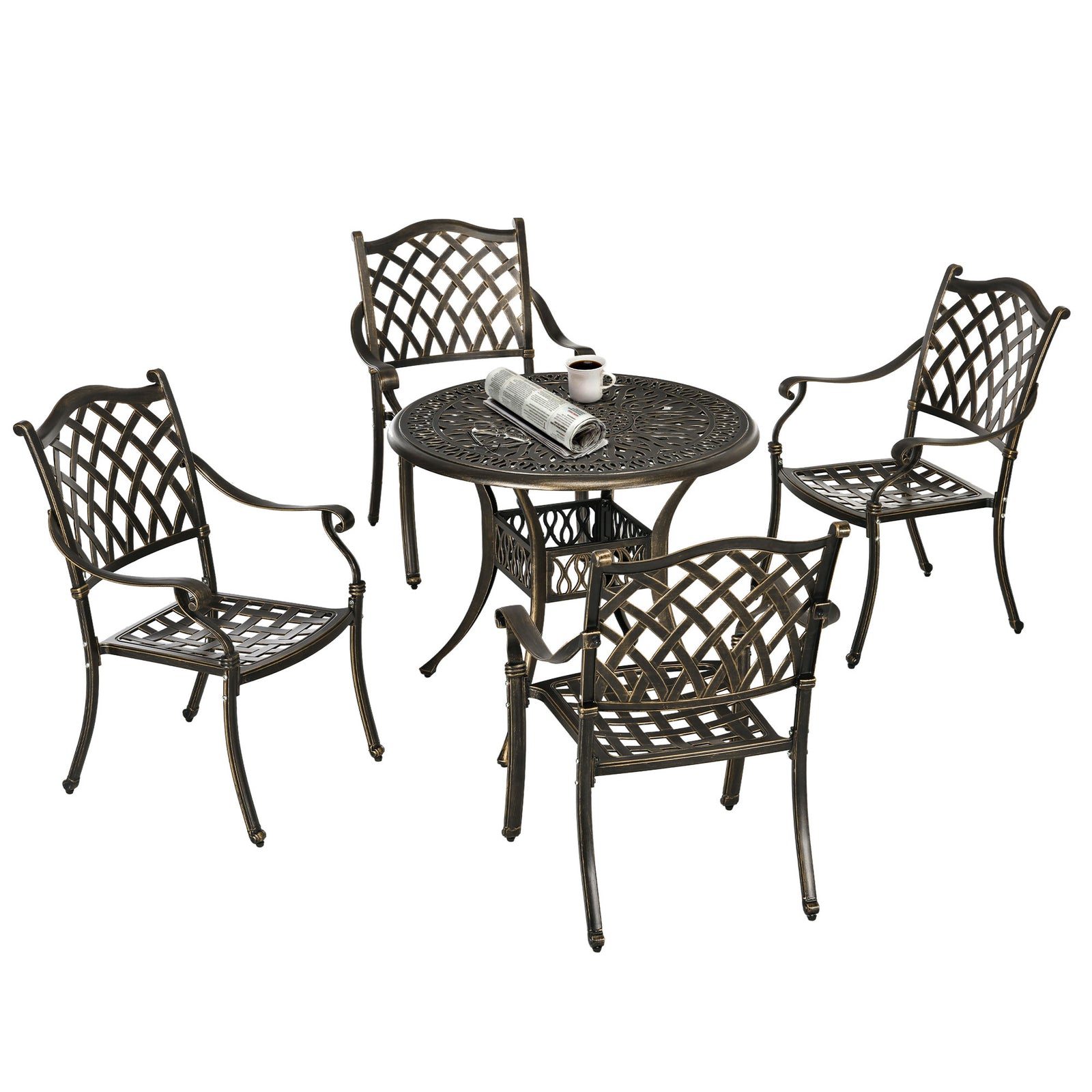 5-Piece Outdoor Furniture Dining Set, Cast Aluminum Conversation Set Includes 4 Chairs and Φ90cm Round Table with Φ50mm Umbrella Hole for Patio Garden Deck, Flower Design