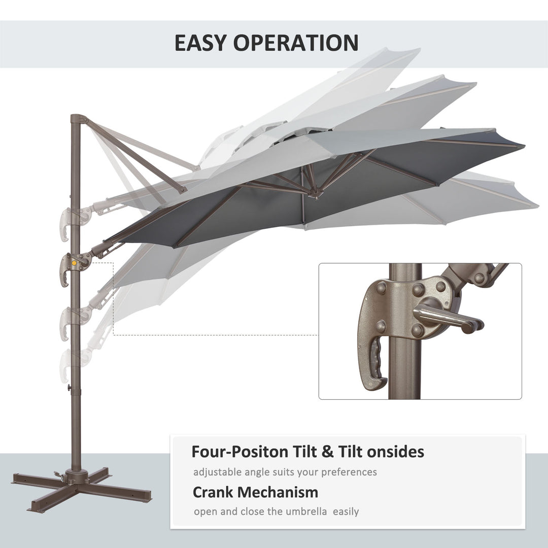 3(m) Cantilever Parasol 360° Rotation Roma Umbrella Hanging Sun Shade with Aluminium Frame, Tilt Crank, 8 Ribs and Cross Base, Dark Grey