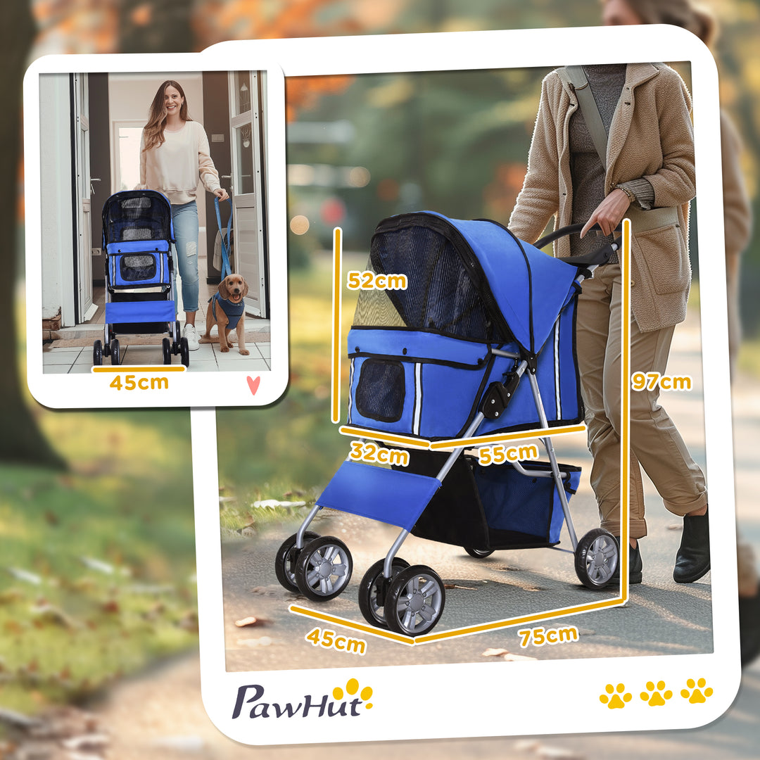 PawHut Dog Pushchair for Small Miniature Dogs Cats Foldable Travel Carriage with Wheels Zipper Entry Cup Holder Storage Basket Blue