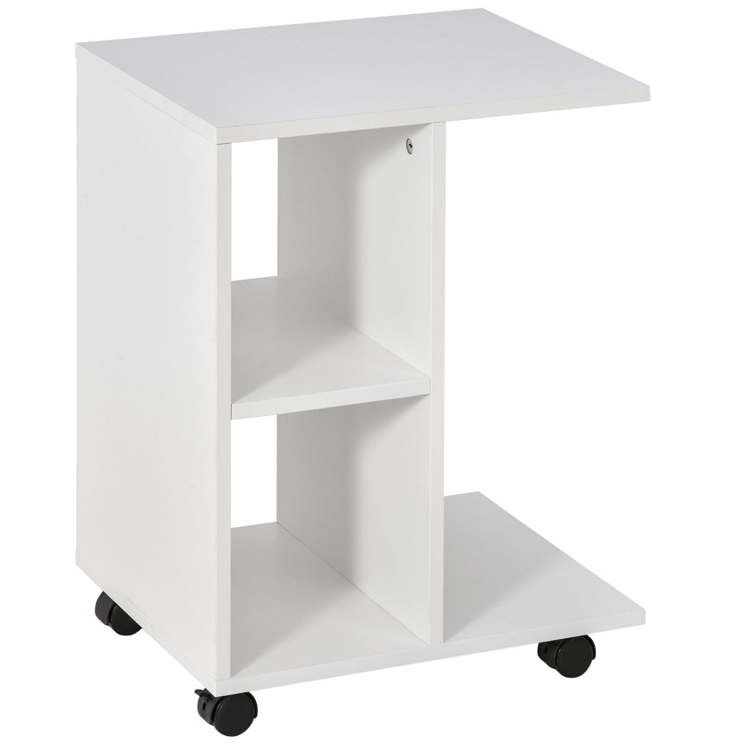 MCL C-Shape End Table Unique Storage Unit w/ 2 Shelves 4 Wheels Freestanding Home Furniture Cabinet Square White