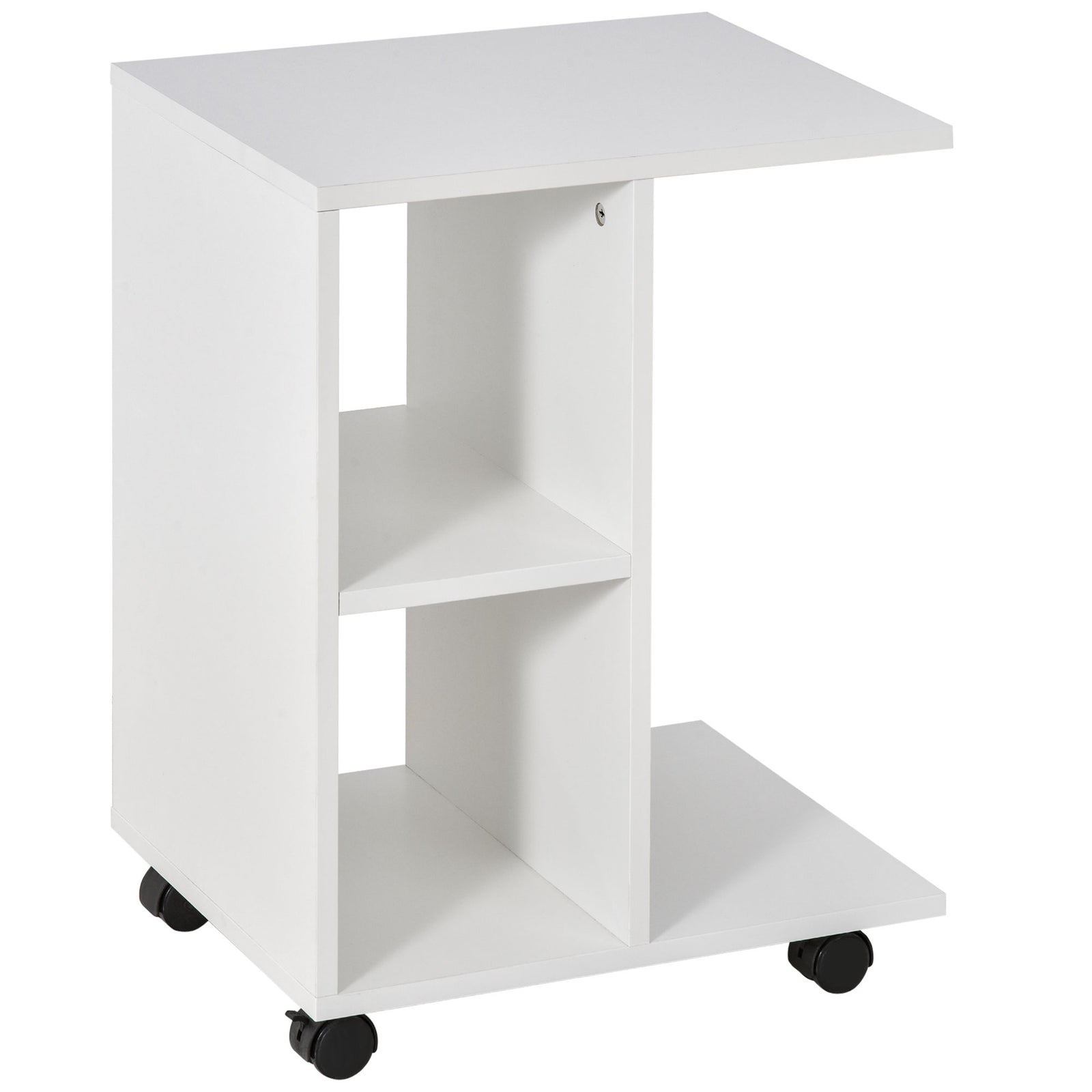 C-Shape End Table Unique Storage Unit w/ 2 Shelves 4 Wheels Freestanding Home Furniture Cabinet Square White