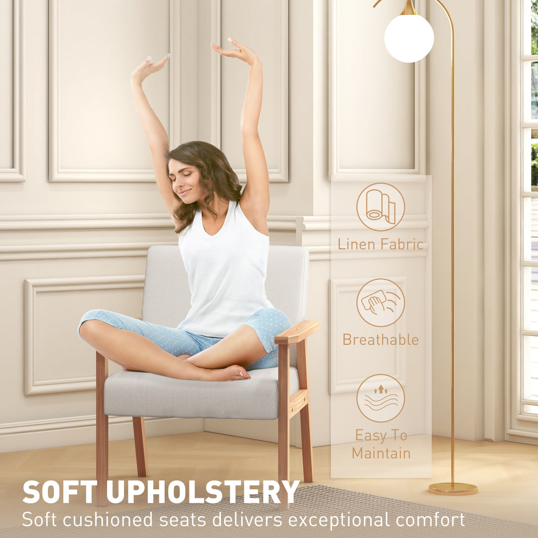 Accent Chair Wood Frame with Thick Linen Cushions Wide Seat Armchair Home Furniture Bedroom Office Cream White