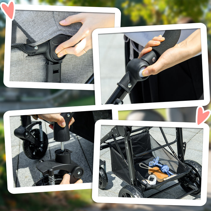 Dog Pram Pet Stroller for Small Dogs Cats, Foldable Dog Pushchair Trolley with Detachable Pet Carrier Bag, Shock Absorber, Adjustable Handlebar, Grey
