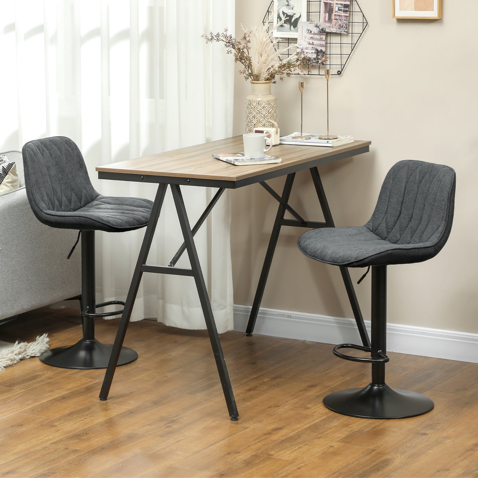Set of Two Linen-Look Bar Stools - Charcoal Grey