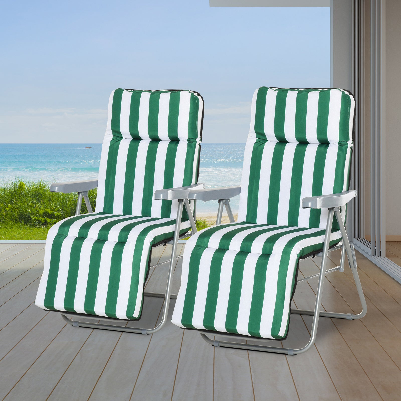 2 Pieces Outdoor Sun Lounger Set with Cushions, Patio Folding 5-Level Adjustable Backrest Recliner Chairs Set of 2 with High Backrest and Armrests, Green & White
