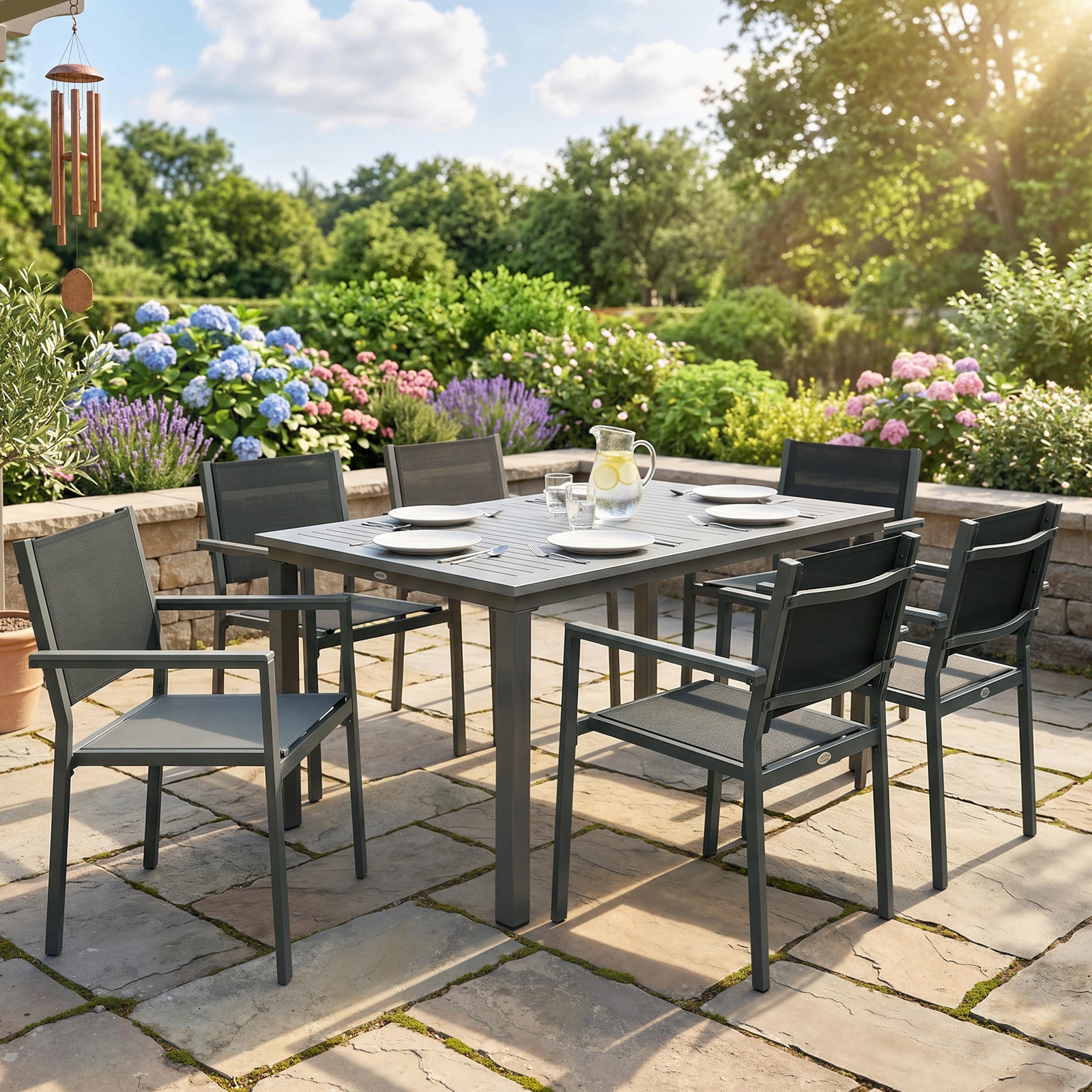 Garden Dining Set with Acacia Wood Table Top, Outdoor Table and Stacka