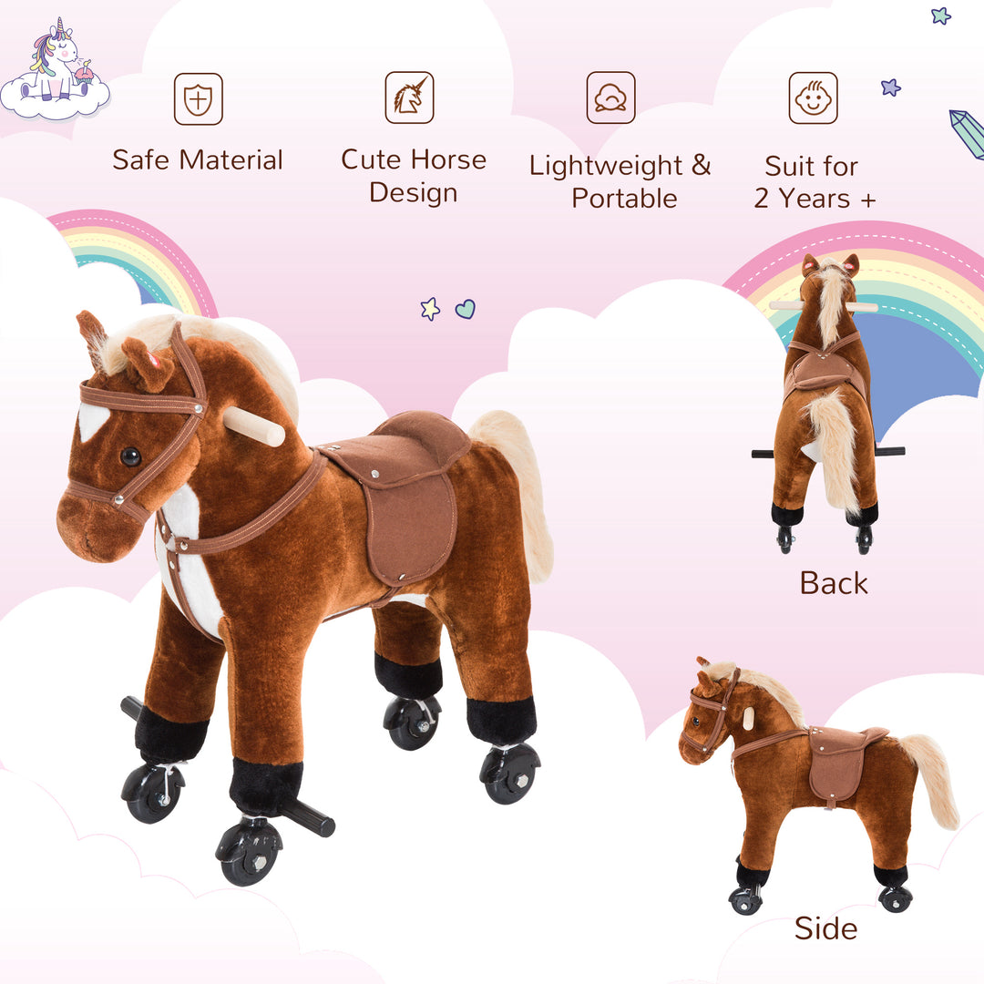 Rocking Horse Kids Ride on Walking Horse Animal Pony Wheeled Riding Plush Toy w/Sound for 2 Years and Up (Brown)