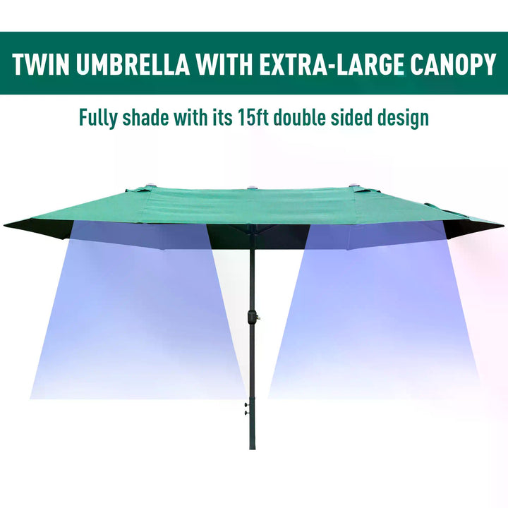 4.6M Sun Umbrella Canopy Double-sided Crank Sun Shade w/ Cross Base Dark Green