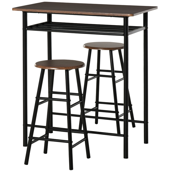 HOMCOM Bar Table and Stools w/ Metal Frame Footrest and Storage Shelf, Bar Table Set for Kitchen, Dining Room, Pub, Cafe, Black and Oak | Aosom UK