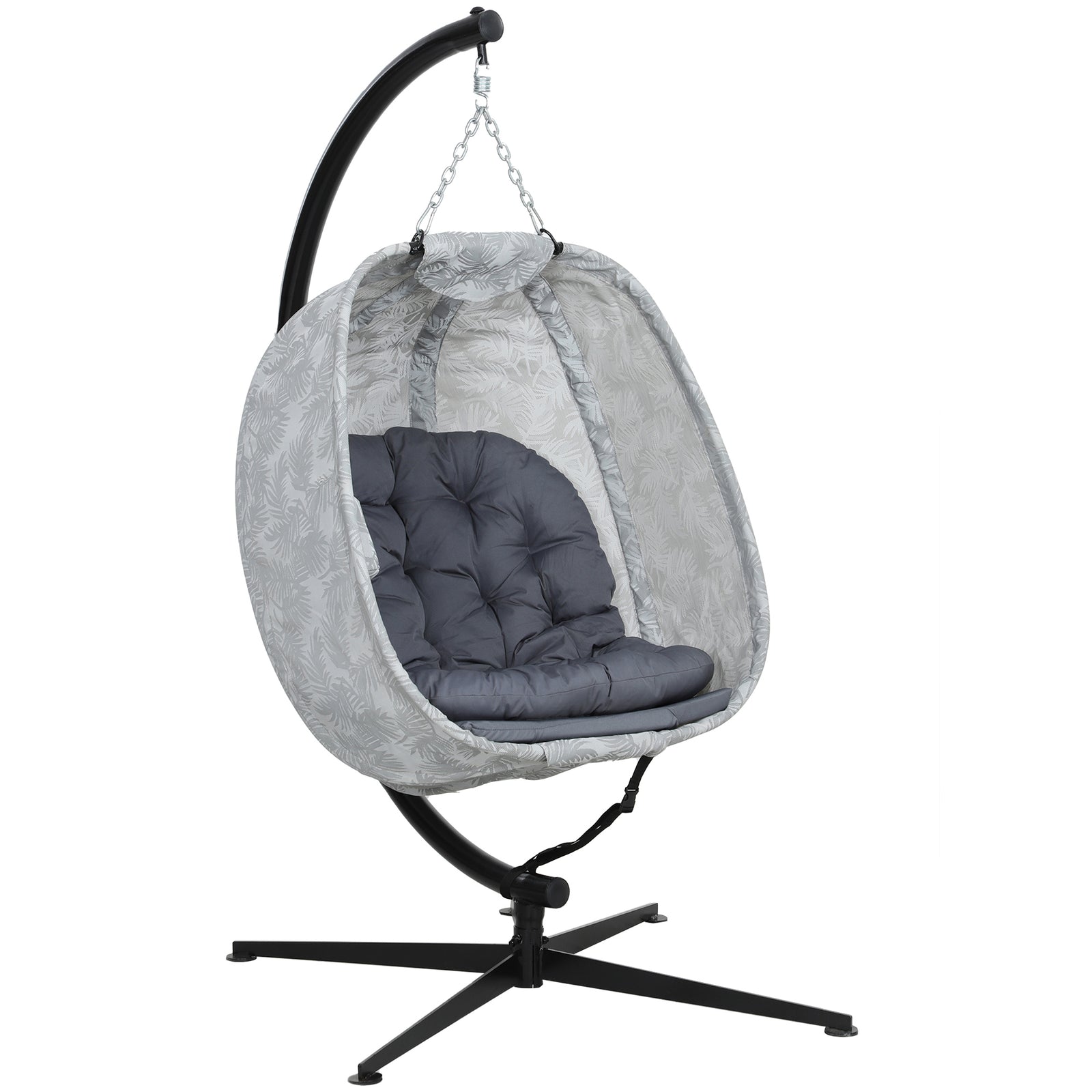 Hanging Egg Chair Outdoor Indoor Garden Swing Chair with Folding Basket, Garden Hanging Chair with Stand, Thickened Cushion, Cup Holder for Patio, Balcony, Grey