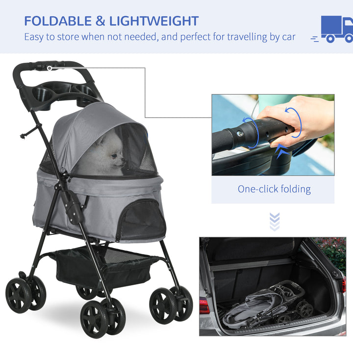 PawHut Dog Stroller with Rain Cover, One-Click Fold Trolley Jogger, Wheels, Basket, Adjustable Canopy, Safety Leash for Small Dogs, Grey | Aosom UK