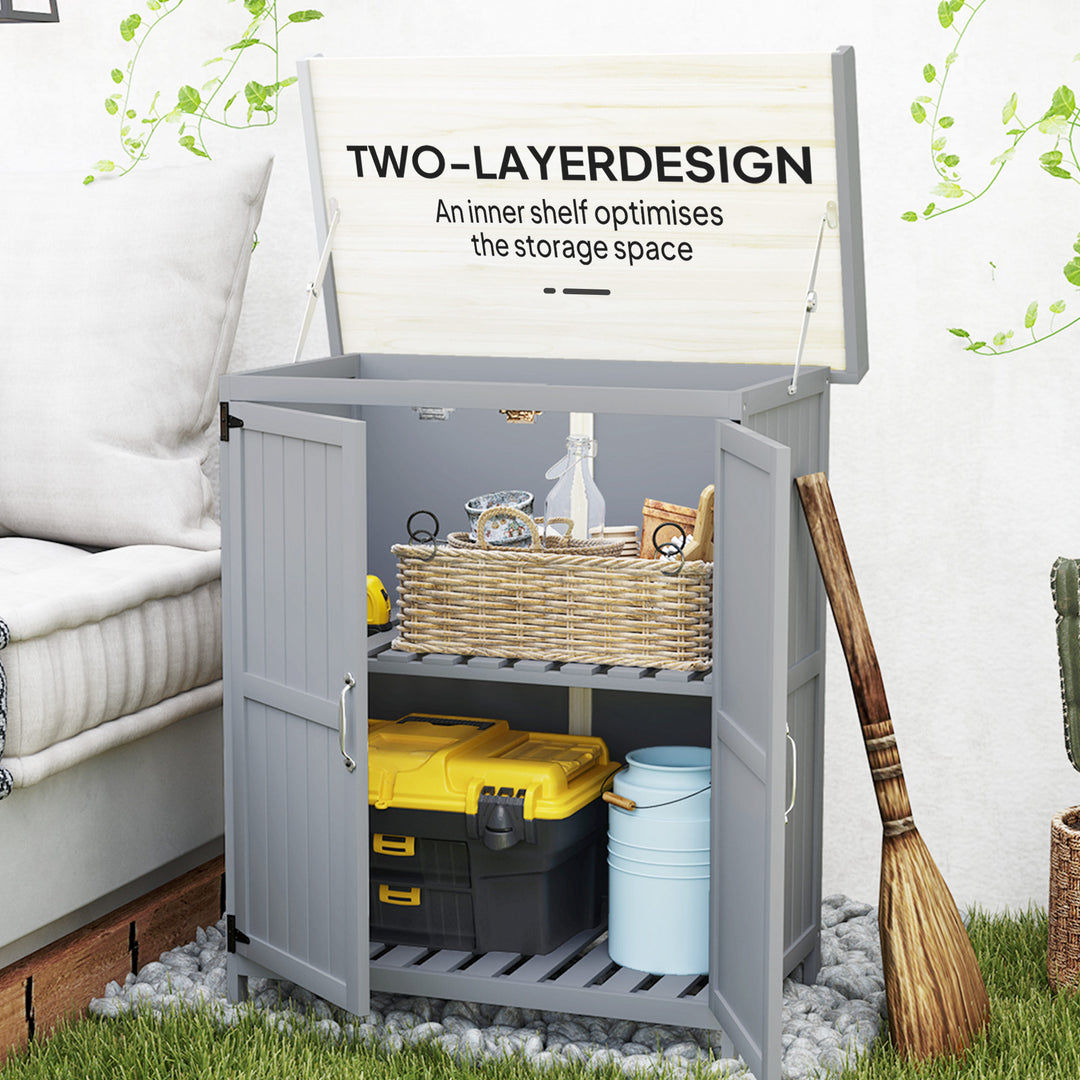 Wooden Garden Shed, Garden Tool Storage Shed with Hinged Roof and Shelf, Outdoor Storage Cabinet with Double Doors, Grey