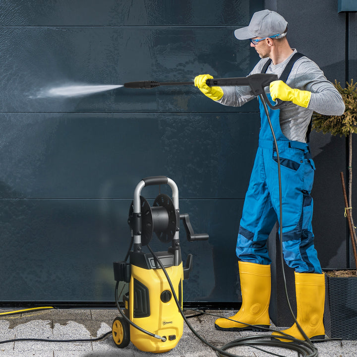 1800W High Pressure Washer, 150 Bar Pressure, 420 L/h Flow, Portable Power Washer Jet Wash Cleaner with Adjustable Nozzle, 6M Hose, Hose Reel, Steel Handle for Home Patio Car Driveway, Yellow