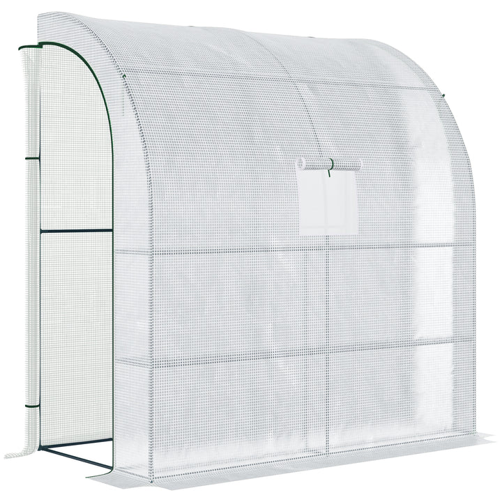 MCL Walk-In Lean to Wall Greenhouse with Windows and Doors, Outdoor Green House with 3 Tiers 4 Wired Shelves, 200L x 100W x 215Hcm, White
