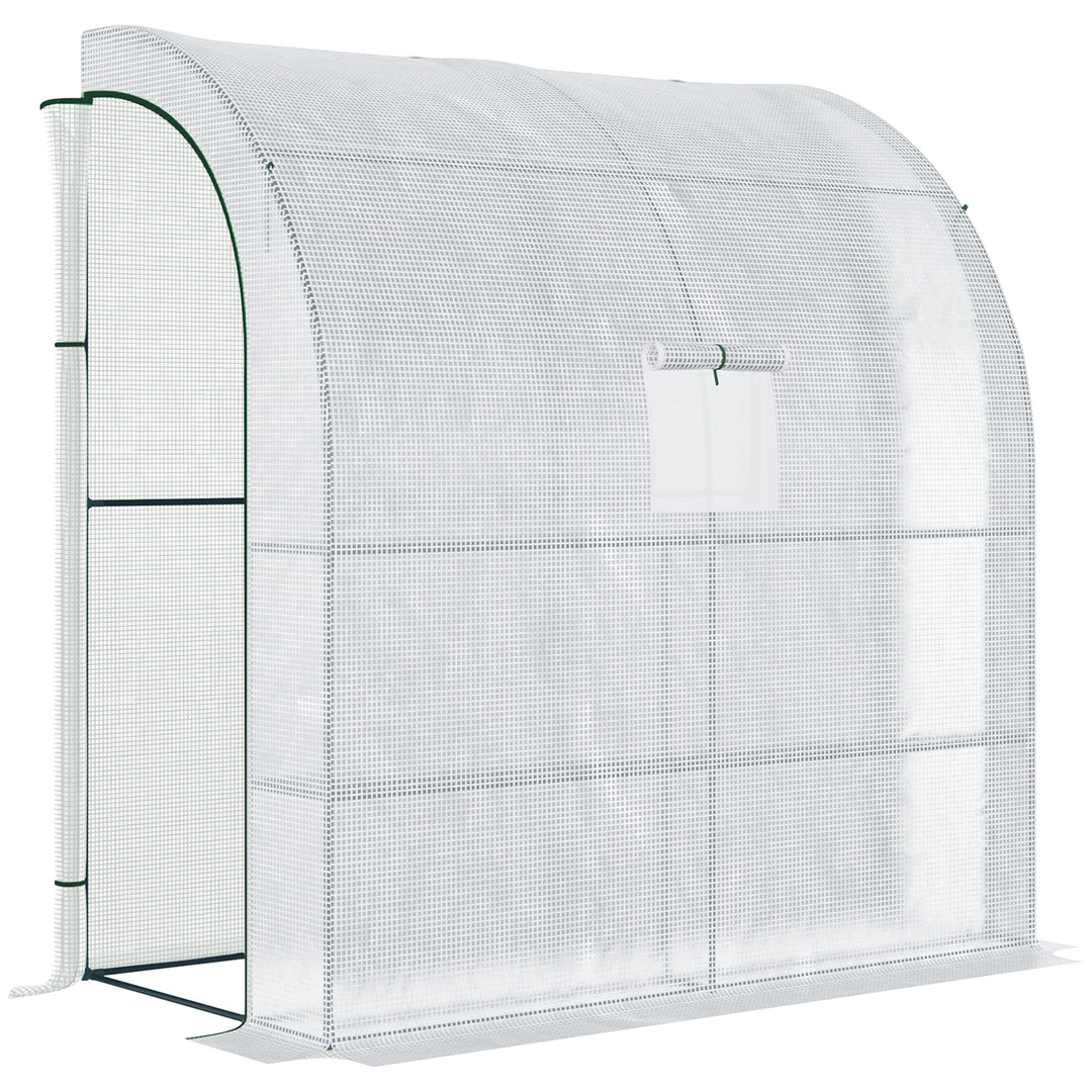 Walk-In Lean to Wall Greenhouse with Windows and Doors, Outdoor Green House with 3 Tiers 4 Wired Shelves, 200L x 100W x 215Hcm, White