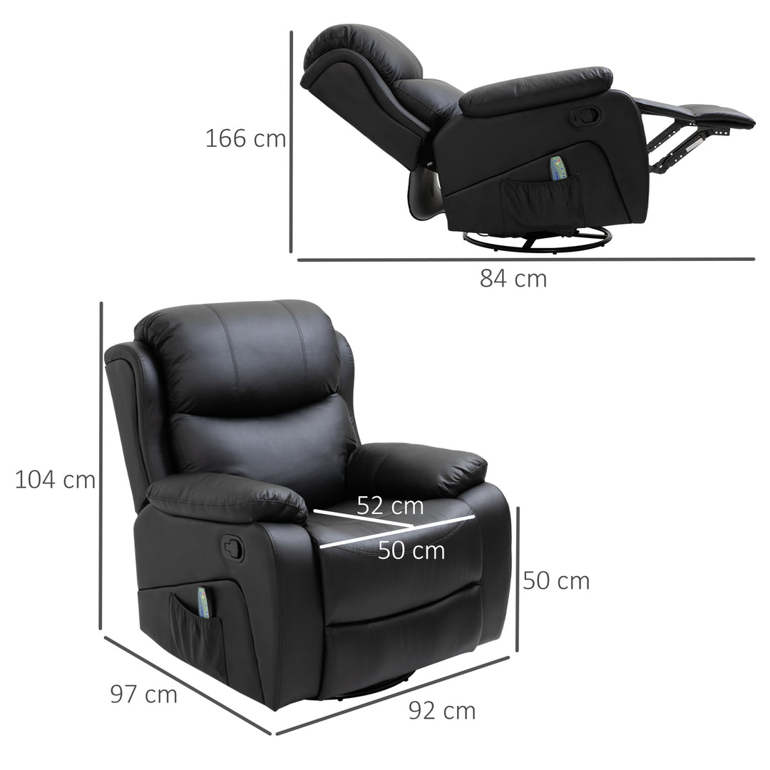 HOMCOM PU Leather Reclining Chair with 8 Massage Points and Heat, Manual Recliner with Swivel Base, Footrest and Remote, Black