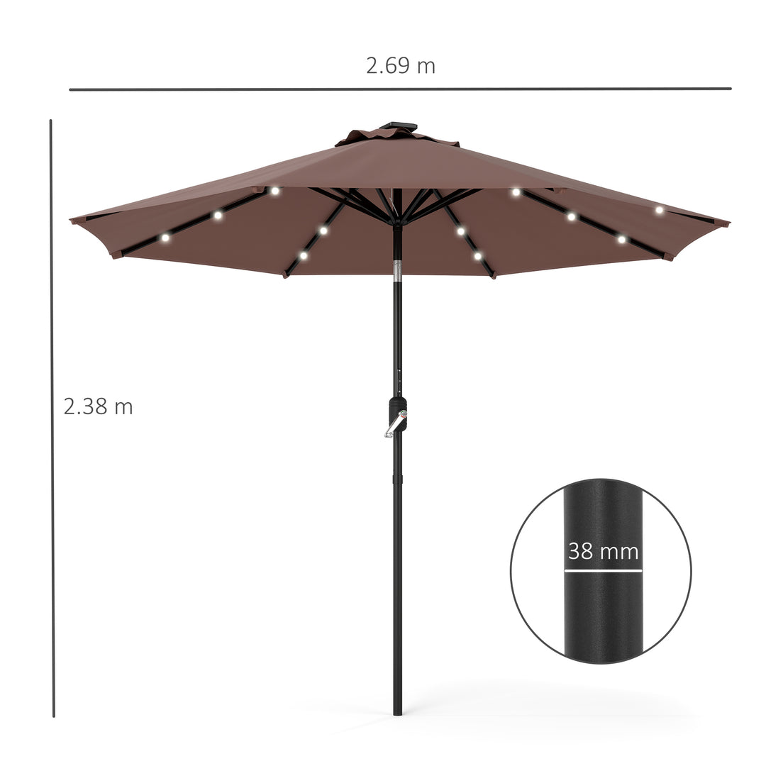 Φ2.7m Garden 24 LED Light Parasol Solar Outdoor Tilt Sun Umbrella Patio Club Party Event Manual Sun Shade w/ Hand Crank and 8 Ribs, Brown