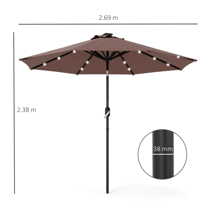 Φ2.7m Garden 24 LED Light Parasol Solar Outdoor Tilt Sun Umbrella Patio Club Party Event Manual Sun Shade w/ Hand Crank and 8 Ribs, Brown