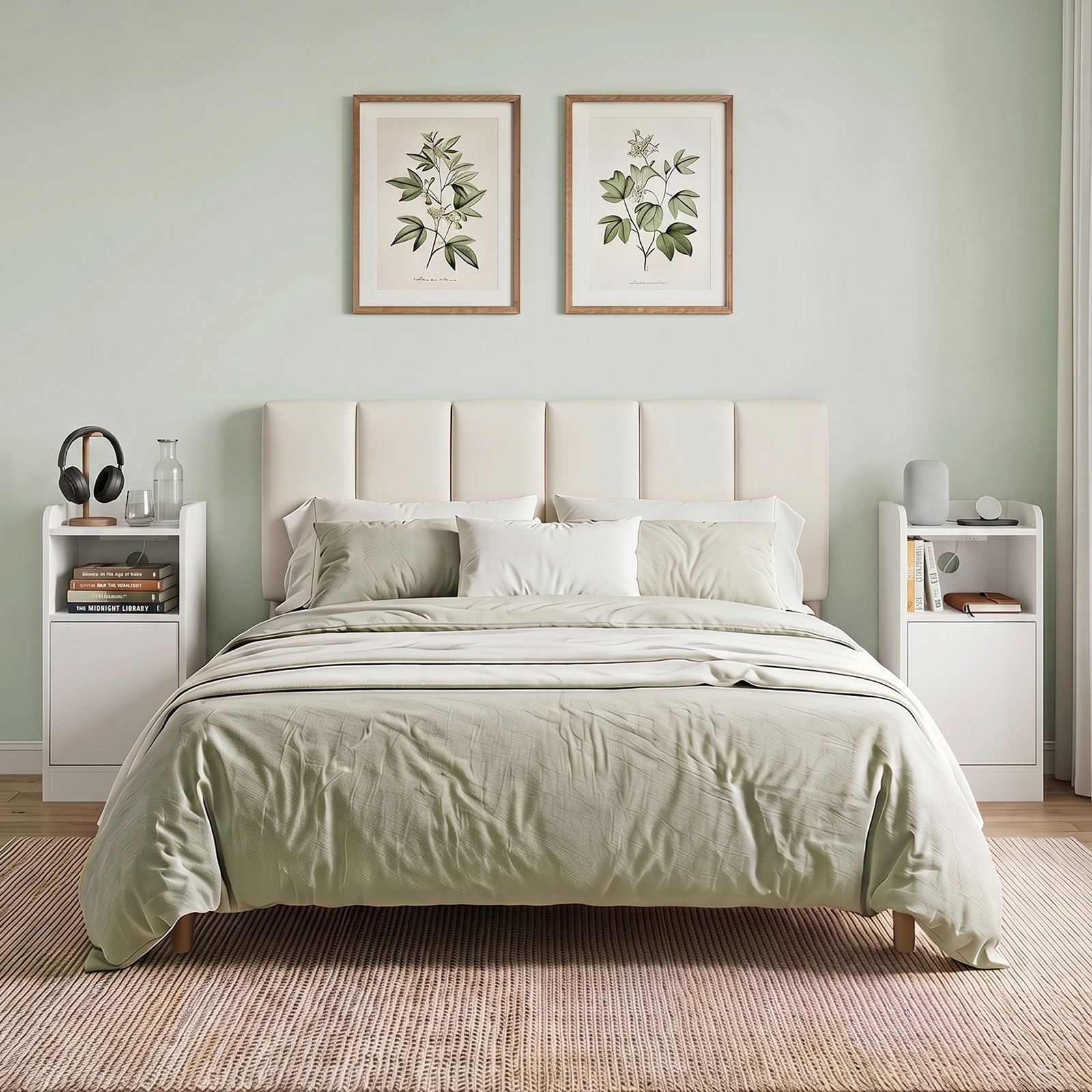 Slim Bedside Table Set of 2 with Charging Station, Narrow Bedside Cabi