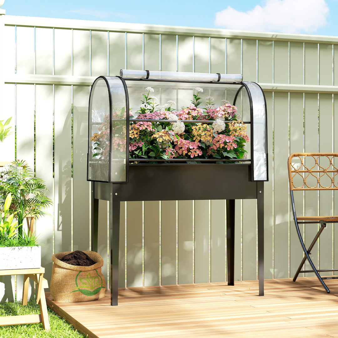 Raised Planter with Flip-Up Greenhouse Cover, Metal Raised Garden Bed 