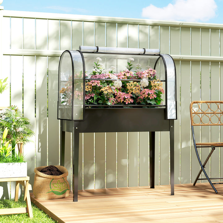 Raised Planter with Flip-Up Greenhouse Cover, Metal Raised Garden Bed 
