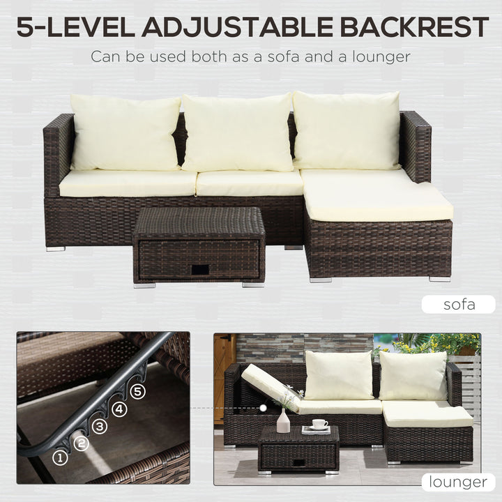 3 Pieces Rattan Garden Furniture Sofa Set, 4 Seater Garden Corner Sofa with 5-Level Reclining Sun Lounger and Storage Coffee Table, Outdoor Furniture Conservatory Set with Cushions, Brown