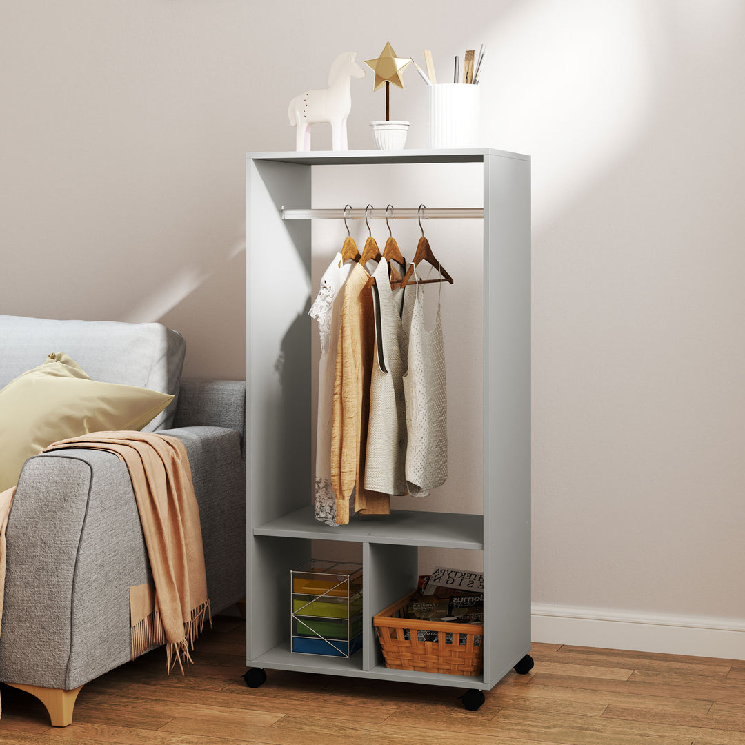 Open Wardrobe on Wheels, Bedroom Wardrobe with Clothes Hanging Rail, 2 Storage Shelves, Mobile Garment Rack for Cloakroom, Hallway, Grey