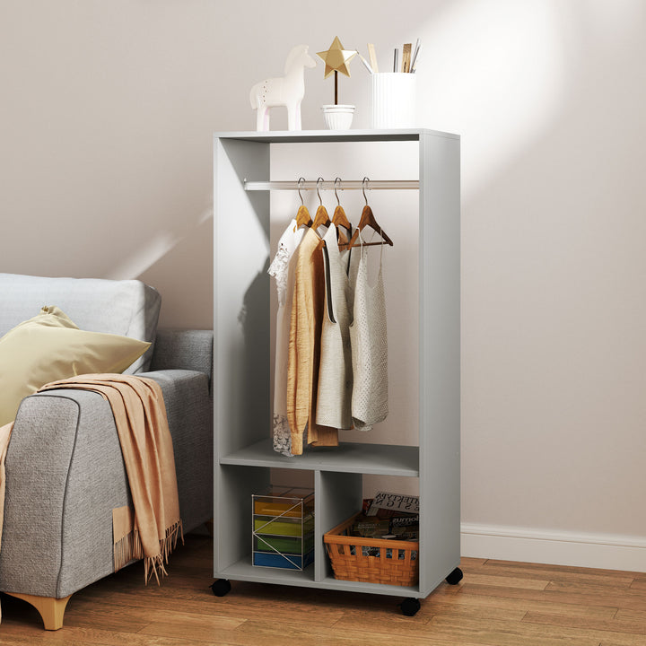 Open Wardrobe on Wheels, Bedroom Wardrobe with Clothes Hanging Rail, 2 Storage Shelves, Mobile Garment Rack for Cloakroom, Hallway, Grey