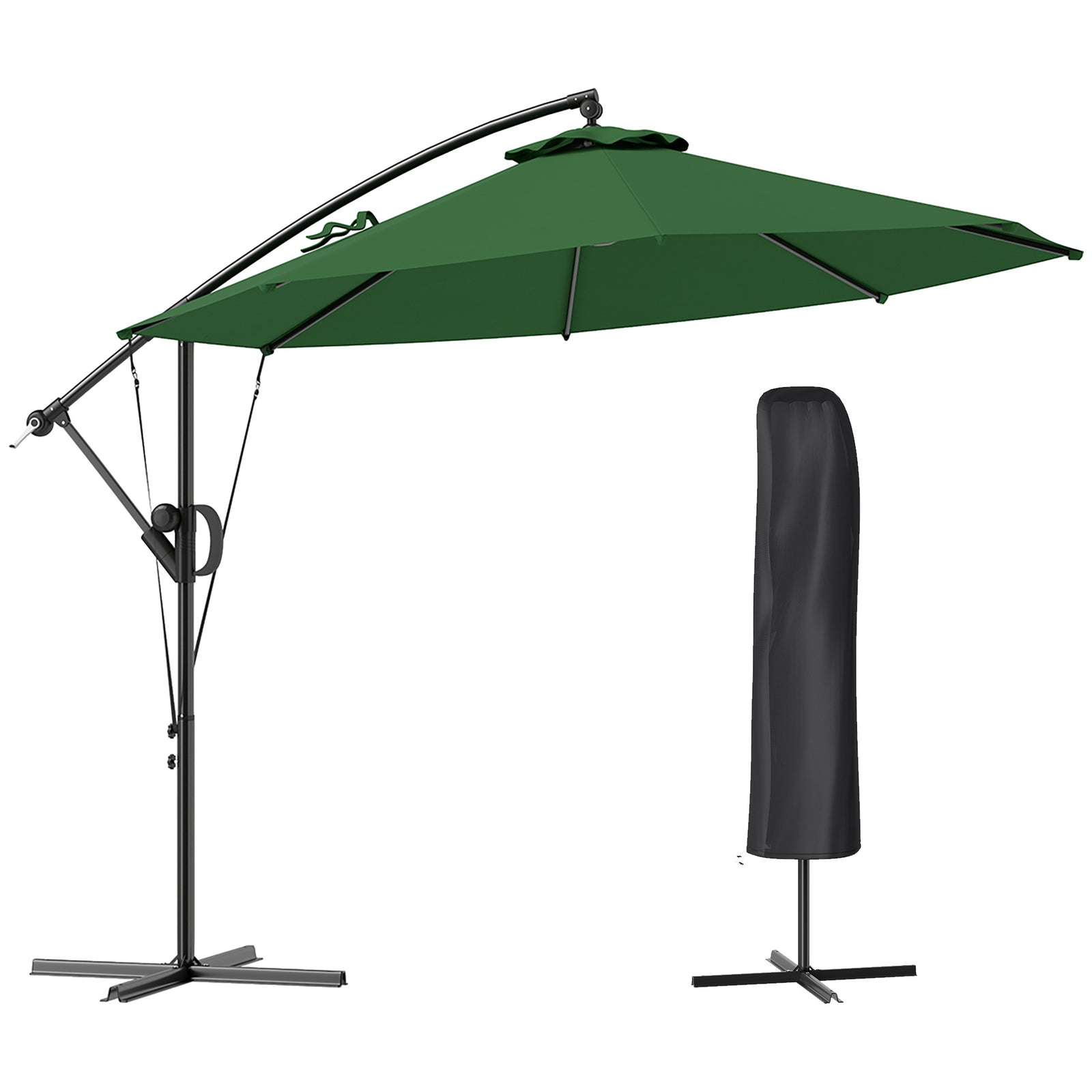 3(m) Garden Cantilever Parasol with Cover and Wind Protection Strap, Round Overhanging Umbrella with Crank Handle and Tilt, Banana Patio Umbrella for Outdoor Sun Shade, UPF50+, Green