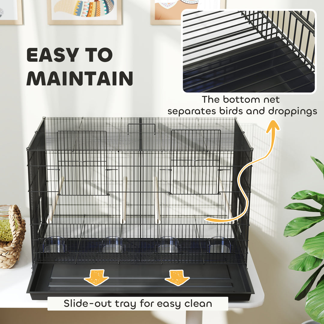 Bird Cage with Divider, 4 Wooden Perches, Slide Out Tray, 4 Feeders, for Budgie, Lovebird, Canary, 76 x 46 x 46cm, Black